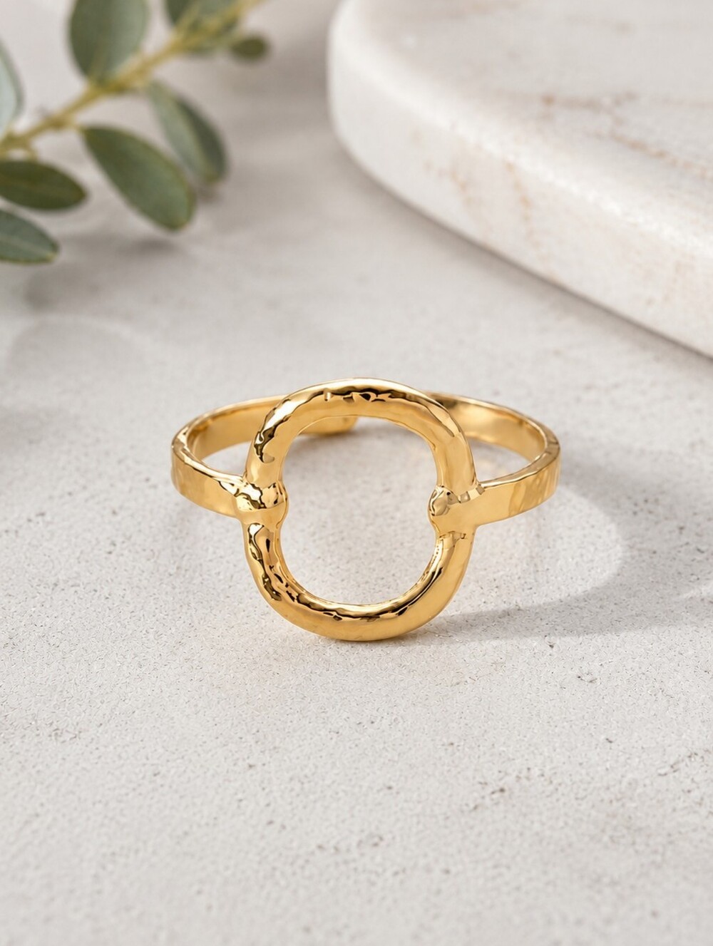 18k Gold Plated Stainless Steel Open Circle Adjustable Hammered Ring